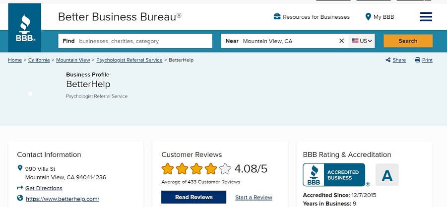 betterhelp reviews bbb